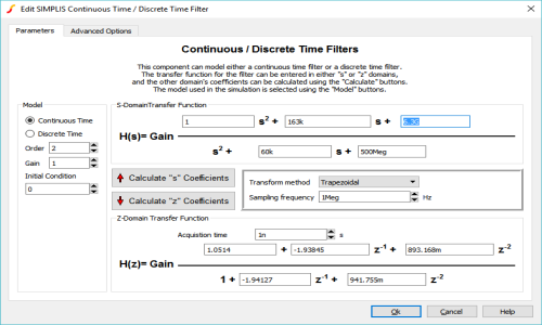 Continuous or Discrete Time Filter Dialog